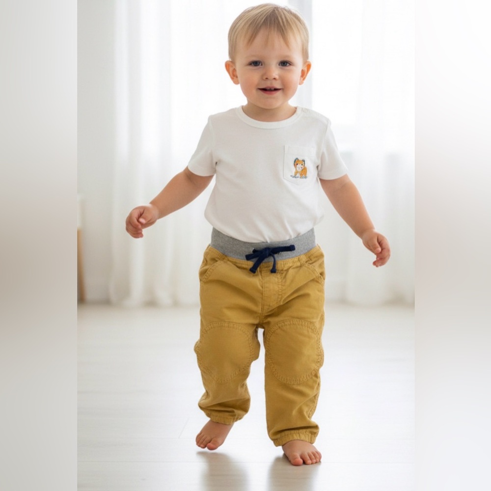 Baby Boden Yellow Pants Gray Elastic Waistband 18 Months | Bright & Cute